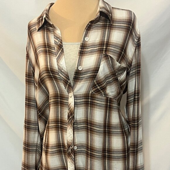 Plaid, brown, tan/cream button down shirt Time and Tru, size Medium (8-10), - Picture 1 of 5